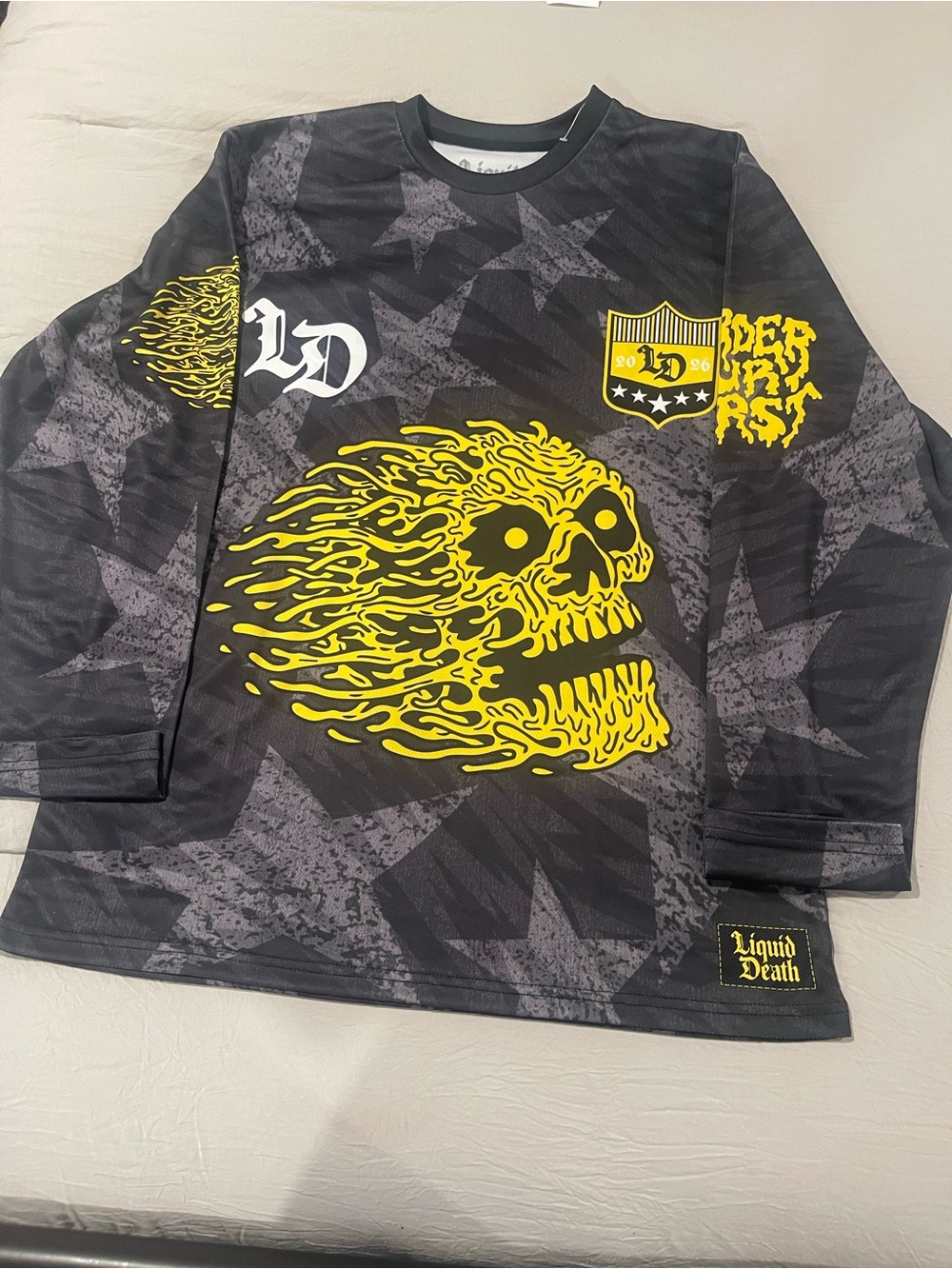 Liquid Death Skull Jersey Mens L Black Yellow Murder Your Thirst NWOT